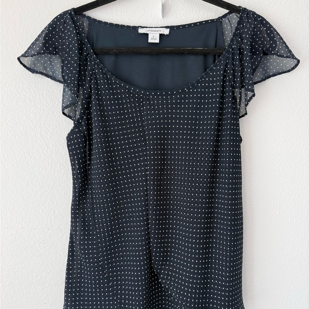 dressbarn Navy Polka Dot Flutter Sleeve Shell